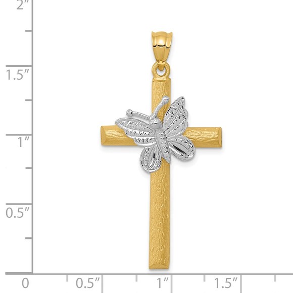 14k Two-tone Genuine Gold Cross with Butterfly Necklace Charm Pendant - Picture 3 of 4